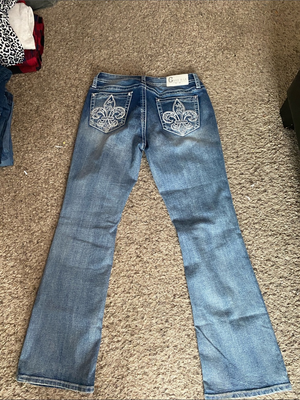 Grace in LA Embroidered Back-Pocket Wide Leg Jeans - Blue NWOT